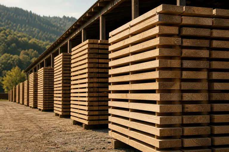 Stacked European oak in the timber yard in Bosnia and Herzegovina