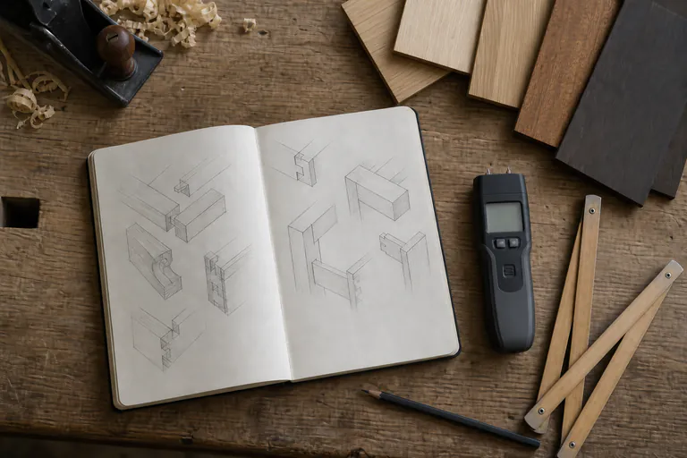 Workbench with sketches, a moisture meter and wood samples