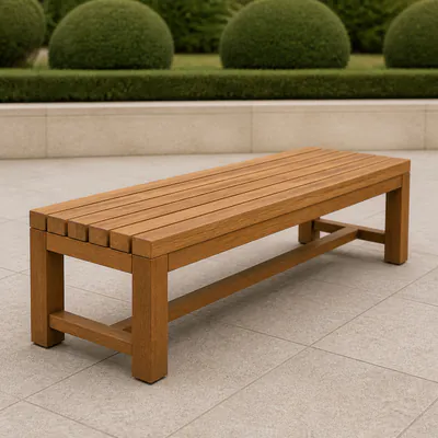 Solid wood outdoor bench, three-quarter view