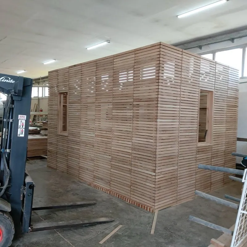 Timber house 6 × 4 m to the customer’s project — Assembly in the production hall