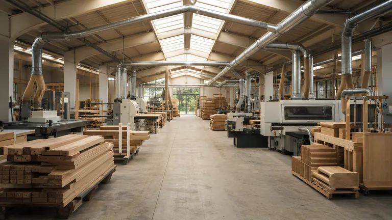 View through an orderly solid wood production hall